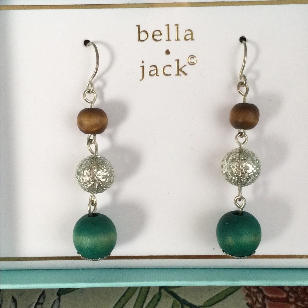 PRICE DROP! NIB Green, Wood and Silver Bead Dangle Summer Festival Earrings